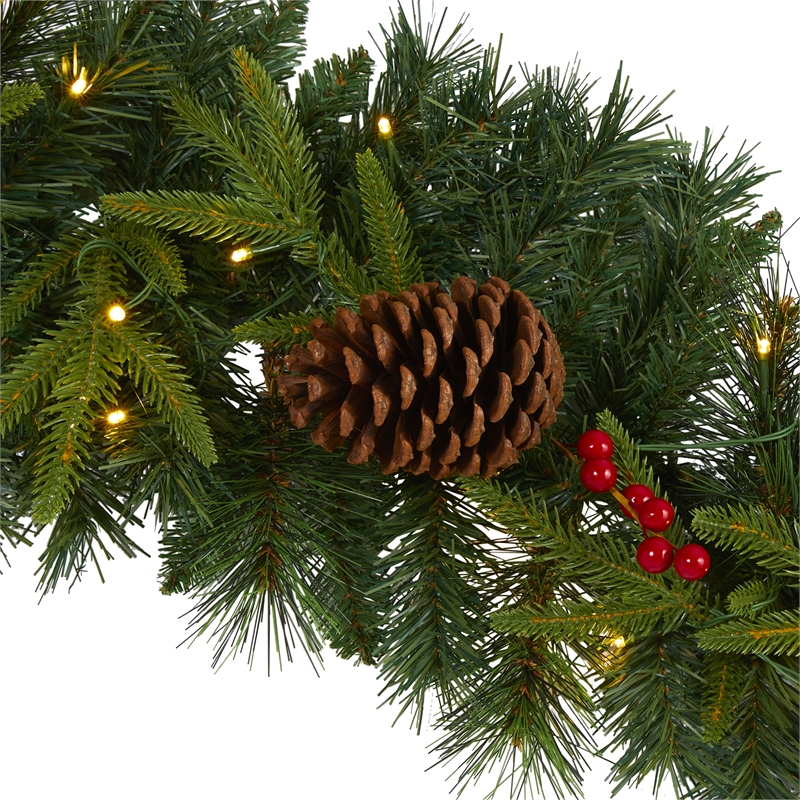 Pemberly Row 9ft Mixed Pine Christmas Garland with 50 Clear LED Lights Berries