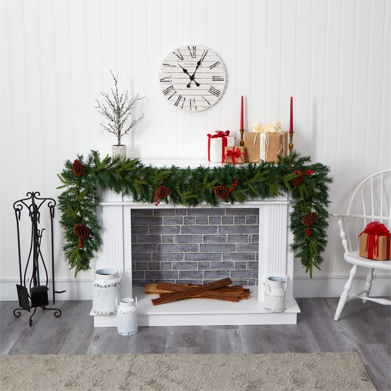 Pemberly Row 9ft Mixed Pine Christmas Garland with 50 Clear LED Lights Berries