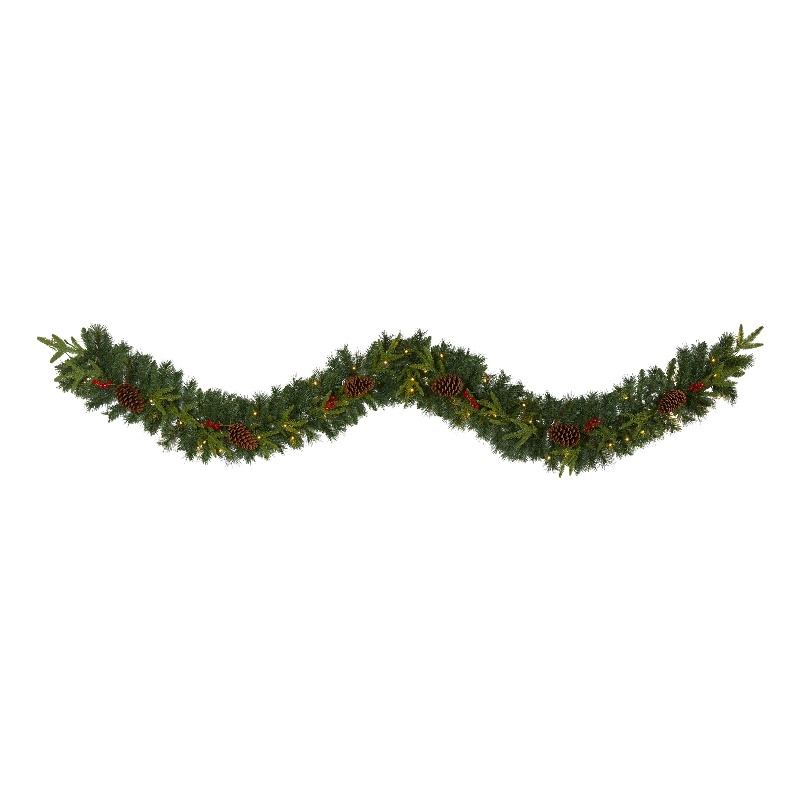 Pemberly Row 9ft Mixed Pine Christmas Garland with 50 Clear LED Lights Berries