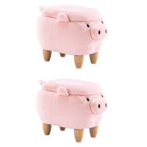 Pemberly Row Set of 2 Kids Pig Fabric Storage Ottoman/Stool in Pink and Natural