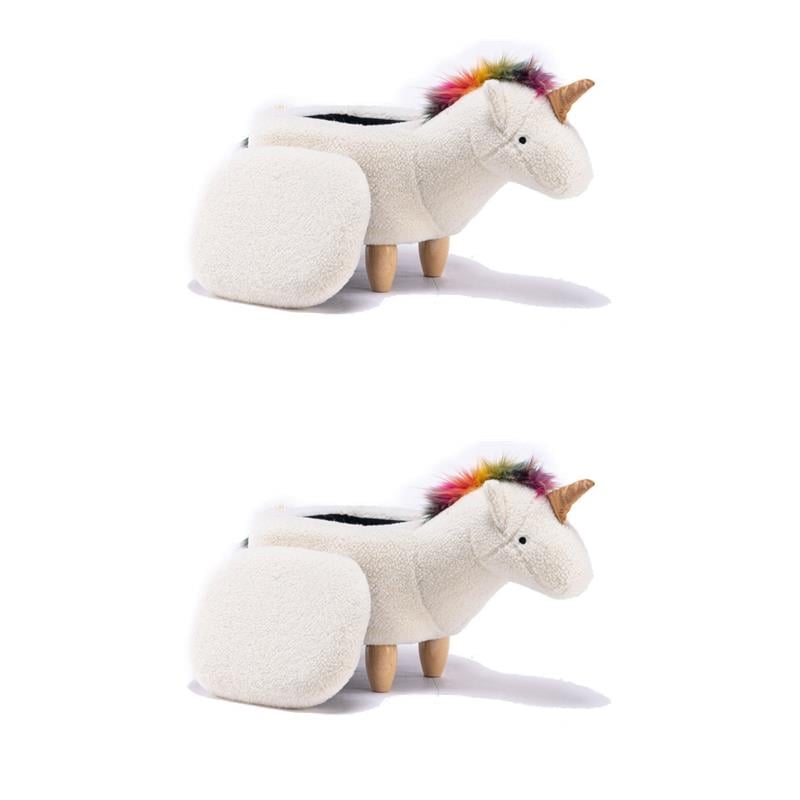 Pemberly Row Set of 2 The Unicorn Fabric Storage Ottoman/Stool in White/Natural