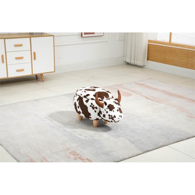 Pemberly Row Set of 2 Adorable Cow Fur Fabric & Wood Ottoman in Brown/White