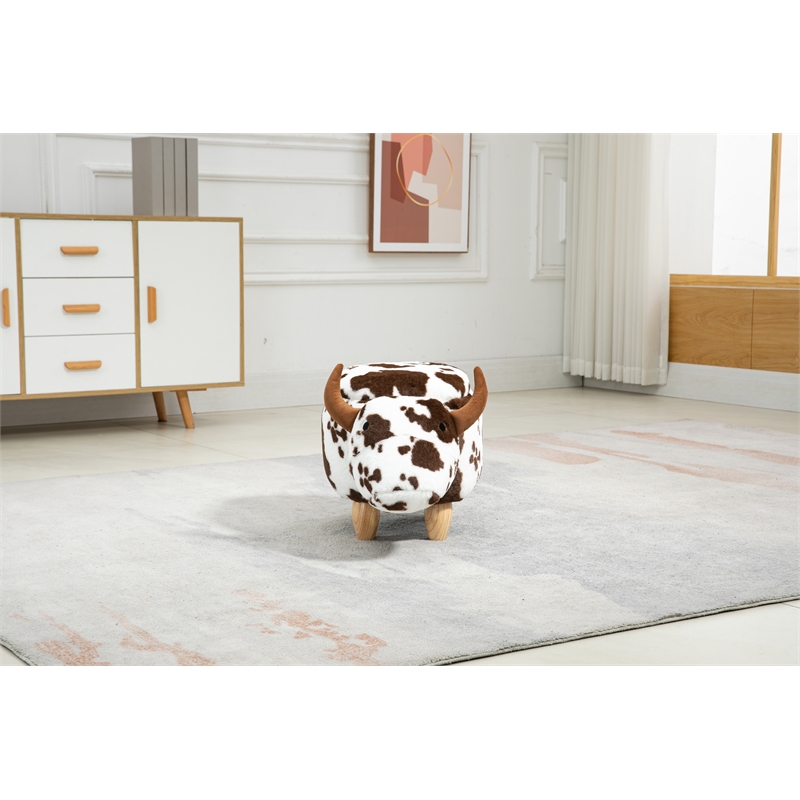 Pemberly Row Set of 2 Adorable Cow Fur Fabric & Wood Ottoman in Brown/White
