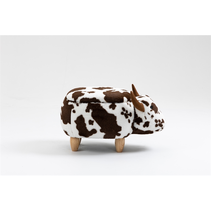 Pemberly Row Set of 2 Adorable Cow Fur Fabric & Wood Ottoman in Brown/White