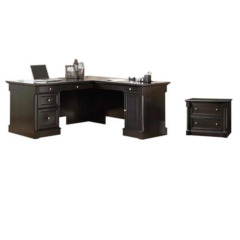 Pemberly Row Set of 2 L-Shaped Computer Desk & 2-Drawer Lateral File Cabinet