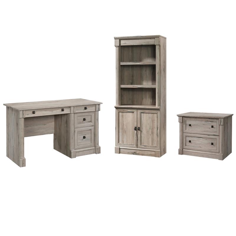 Pemberly Row Set of 3 Split Oak Bookcase & Lateral File Cabinet & Computer Desk