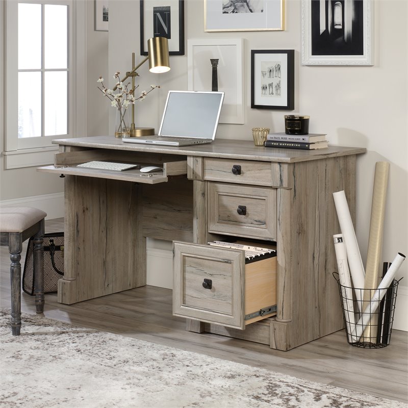 Pemberly Row Set of 2 Wood 3-Shelf Bookcase & Computer Desk in Split Oak
