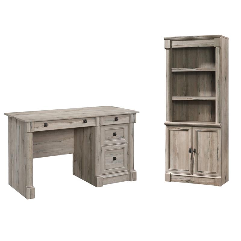 Pemberly Row Set of 2 Wood 3-Shelf Bookcase & Computer Desk in Split Oak