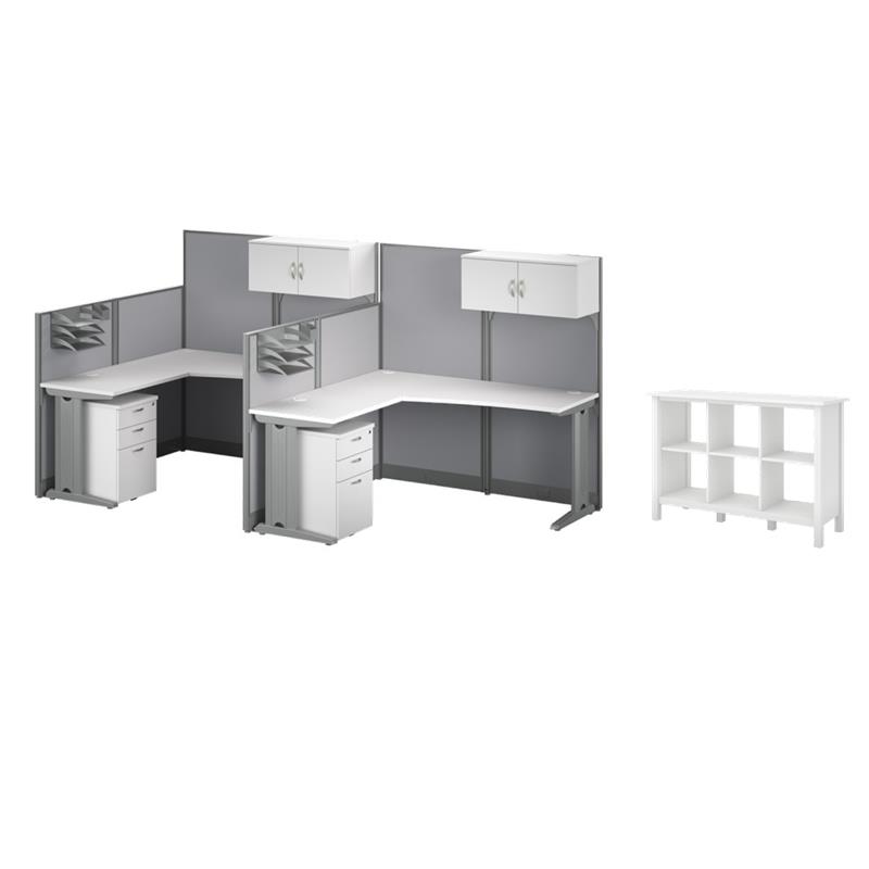 Pemberly Row Set of 3 6-Cube Storage Wood Bookcase & 2 L Cubicle Desks in White