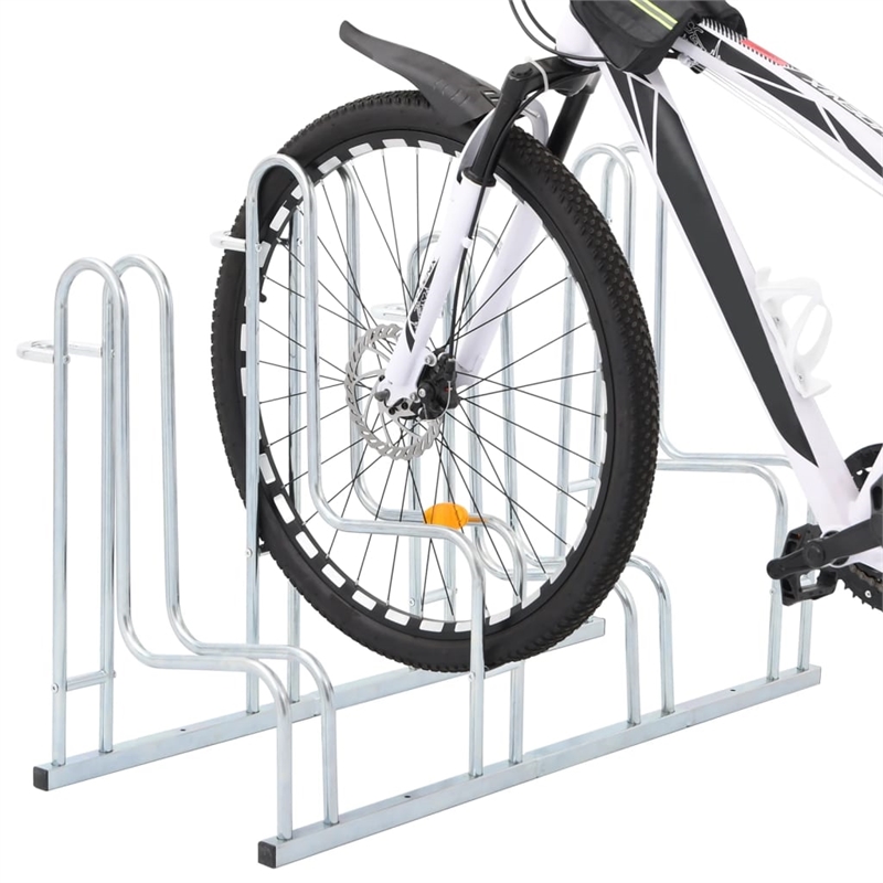 Pemberly Row 4 Bikes Floor Freestanding Galvanized Steel Bicycle Stand in Silver