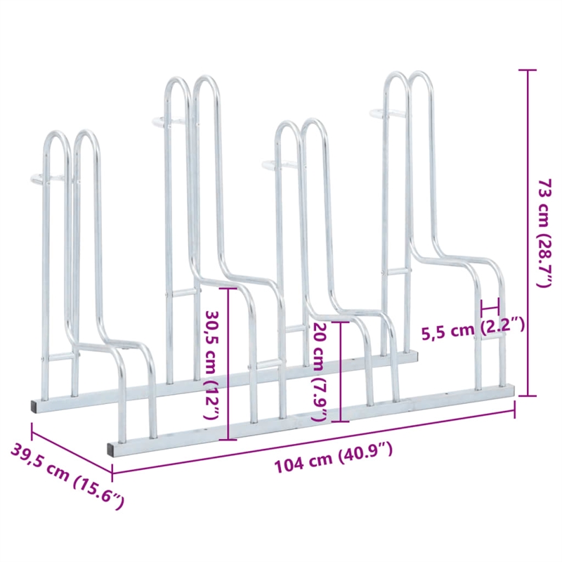 Pemberly Row 4 Bikes Floor Freestanding Galvanized Steel Bicycle Stand in Silver