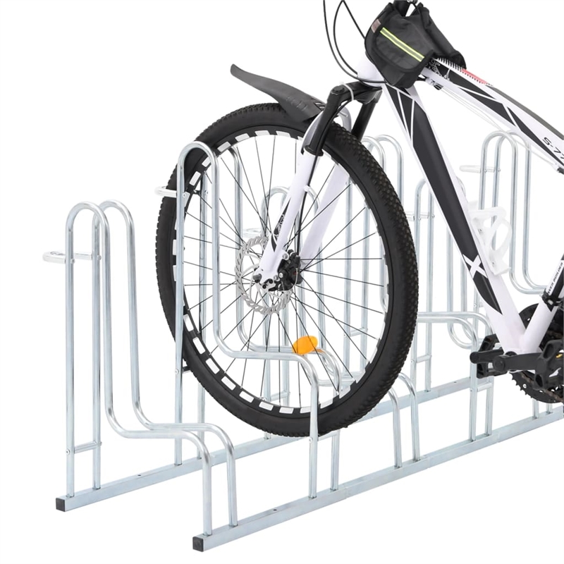 Pemberly Row 6 Bikes Floor Freestanding Galvanized Steel Bicycle Stand in Silver