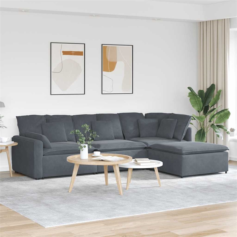 Pemberly Row Contemporary Modular Oversized Sofa Velvet in Dark Grey