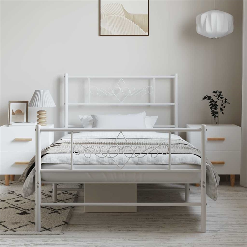 Pemberly Row Rectangular Powder-Coated Steel Twin Bed Frame in White