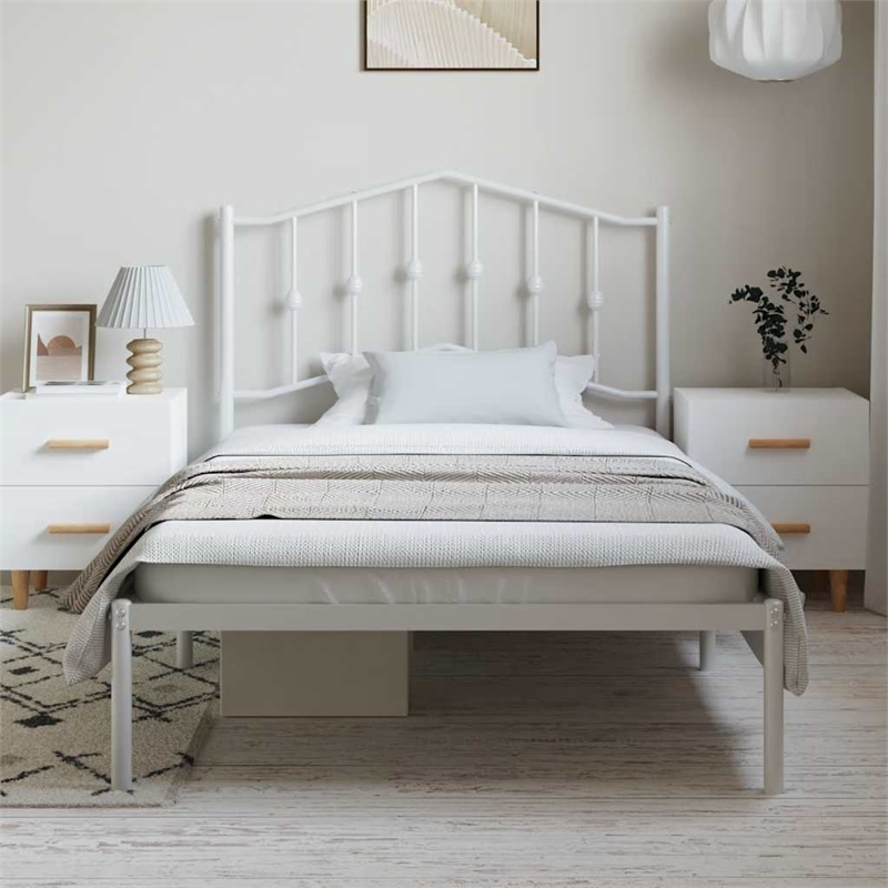 Pemberly Row Contemporary Rectangular Steel Single Bed Frame in White