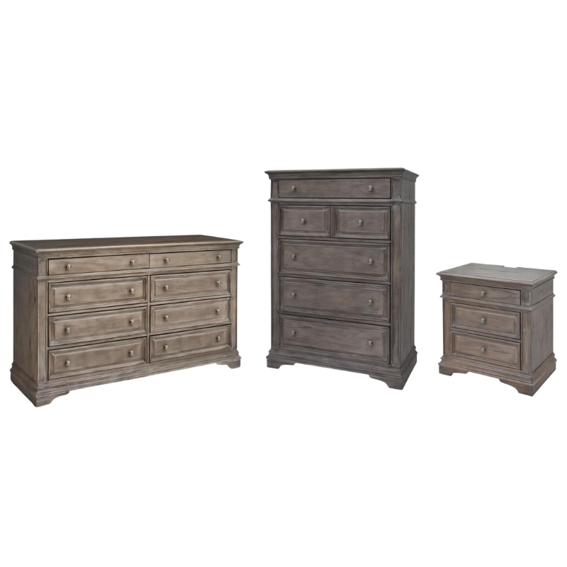Pemberly Row Set of 3 Driftwood Gray Wood Dresser & Nightstand & Chest