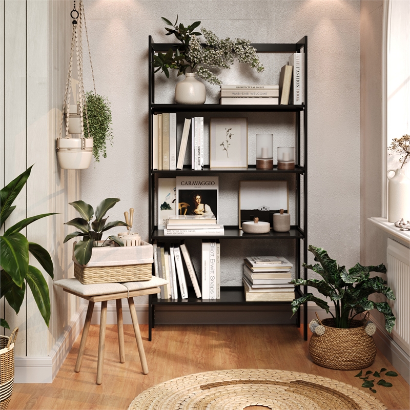 Pemberly Row Modern Solid Wood 4-Shelves Folding Bookcase in Black
