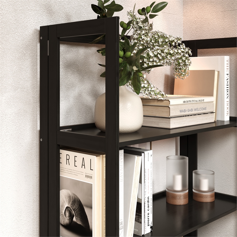 Pemberly Row Modern Solid Wood 4-Shelves Folding Bookcase in Black