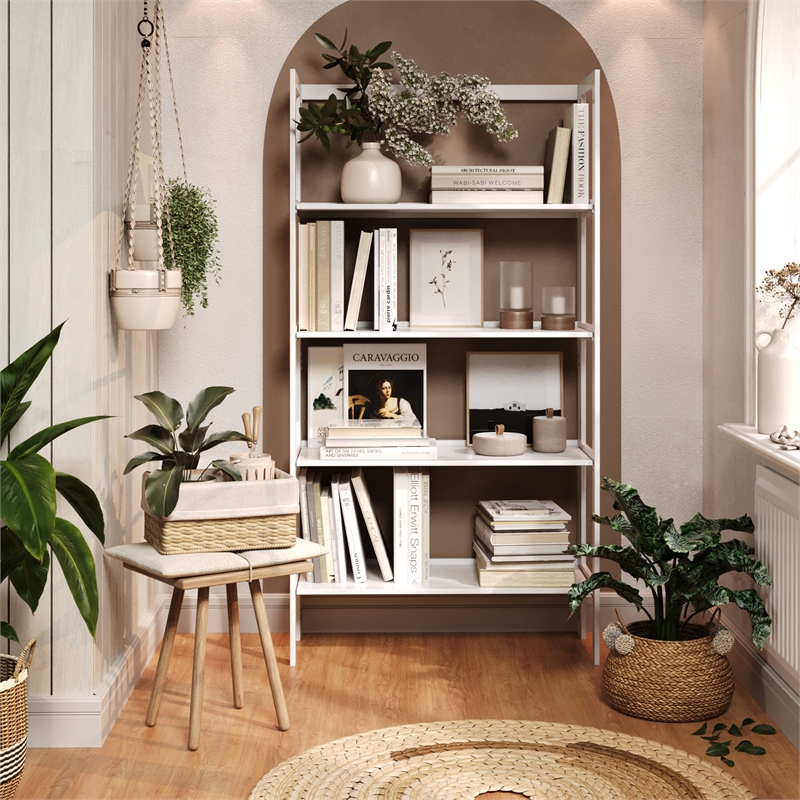 Pemberly Row Modern Solid Wood 4-Shelves Folding Bookcase in White