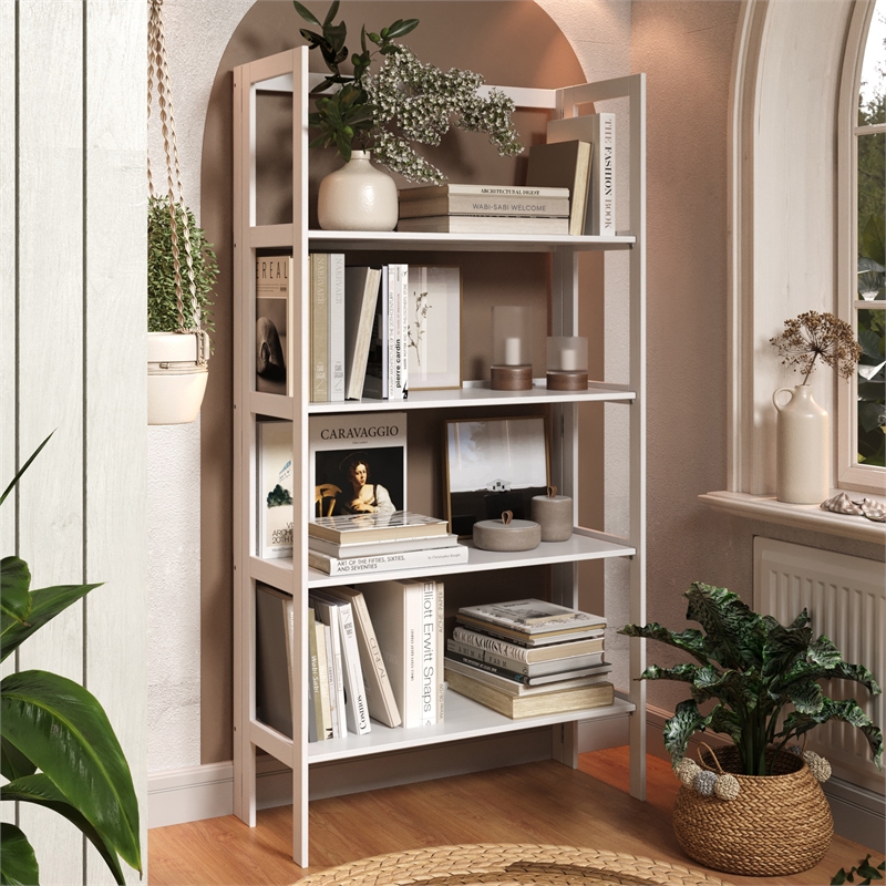 Pemberly Row Modern Solid Wood 4-Shelves Folding Bookcase in White