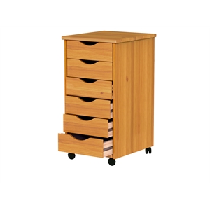 Pemberly Row Modern Solid Wood 6-Drawers Roll Utility Cart in Med Pine