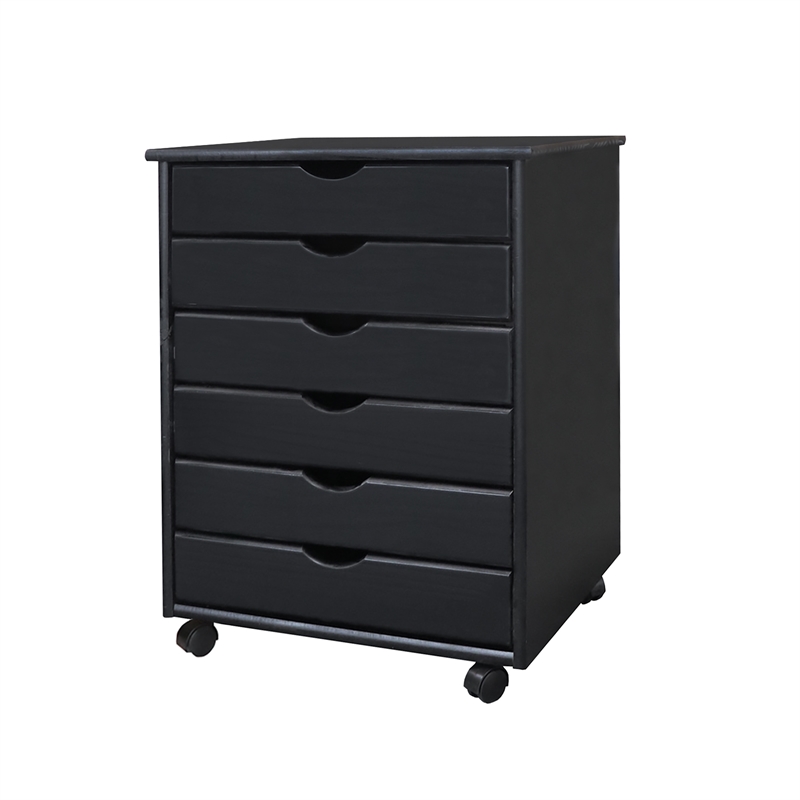 Pemberly Row Modern Solid Wood 6-Drawers Wide Roll Utility Cart in Black