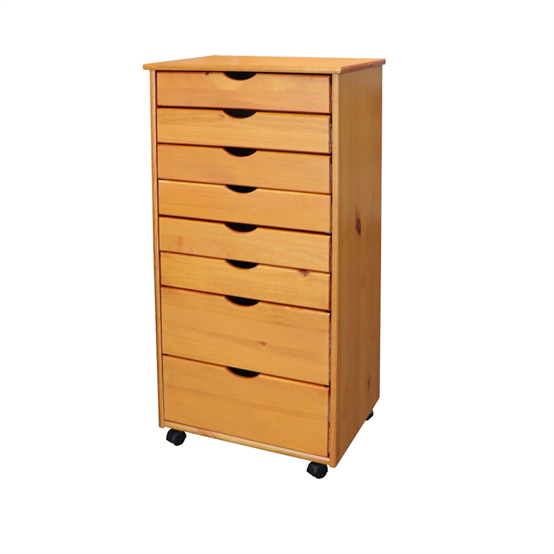 Pemberly Row Modern Hardwood 6+2 Drawers Wide Roll Utility Cart in Med Pine