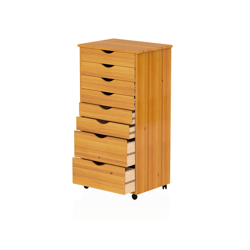 Pemberly Row Modern Hardwood 6+2 Drawers Wide Roll Utility Cart in Med Pine