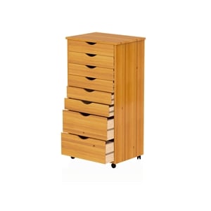 Pemberly Row Modern Hardwood 6+2 Drawers Wide Roll Utility Cart in Med Pine