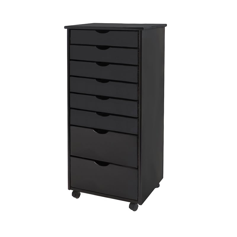 Pemberly Row Modern Solid Wood 6+2 Drawers Wide Roll Utility Cart in Black