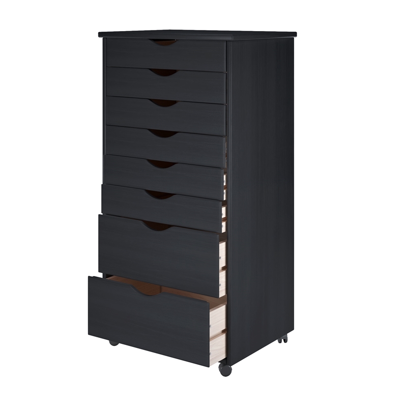 Pemberly Row Modern Solid Wood 6+2 Drawers Wide Roll Utility Cart in Black