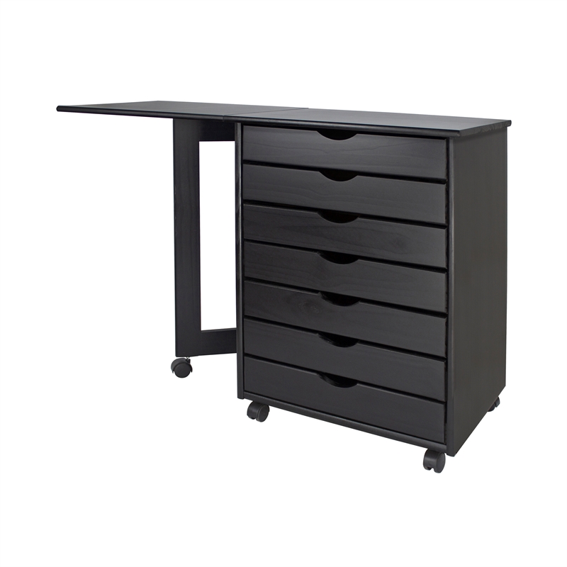 Pemberly Row Solid Wood 7-Drawers Gate Leg Roll Utility Cart Desk in Black