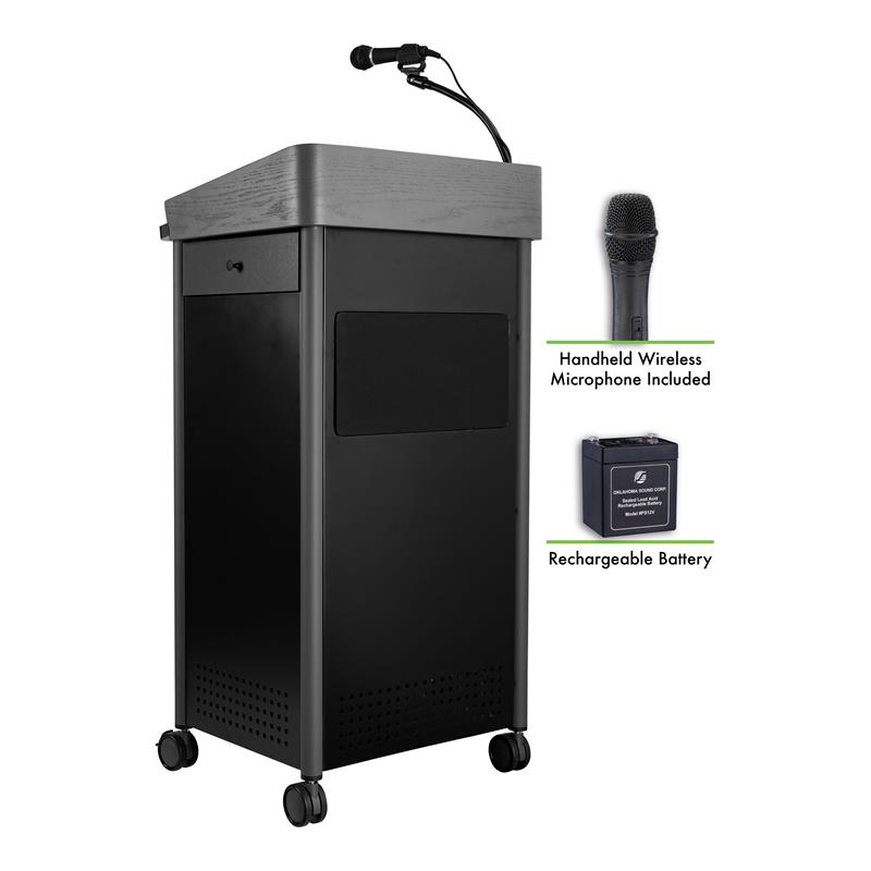 Pemberly Row Metal Lectern with Sound and Handheld Mic in Charcoal