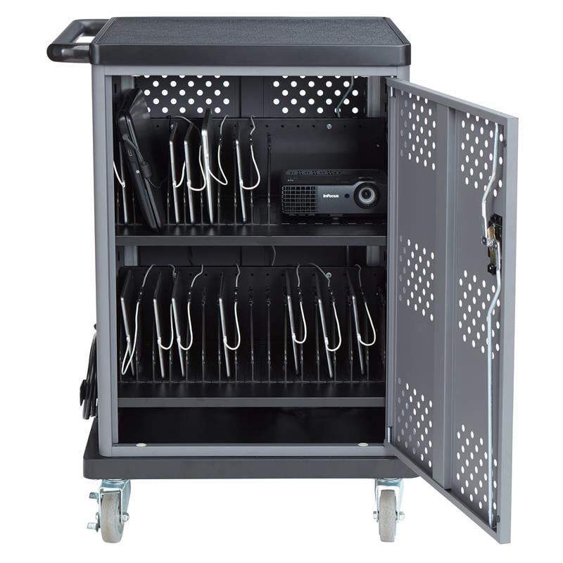 Pemberly Row Modern Metal Duet Charging Cart with Storage in Black