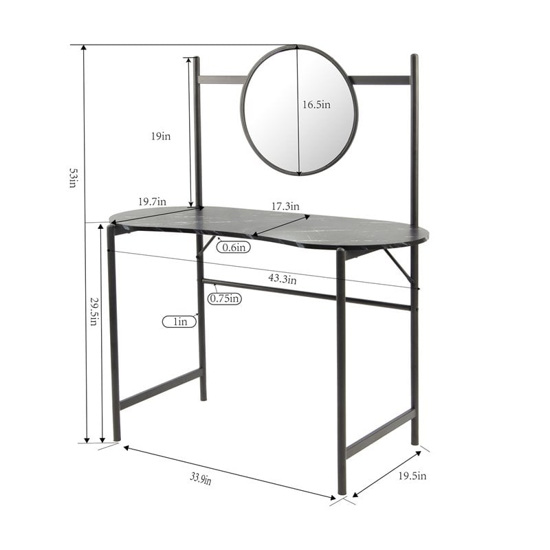 Pemberly Row Kidney-shaped Wood Writing Desk with Mirror in Marble Black