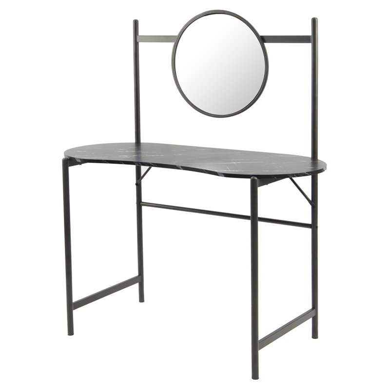 Pemberly Row Kidney-shaped Wood Writing Desk with Mirror in Marble Black