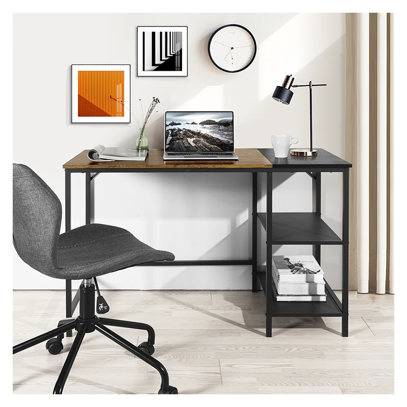 Pemberly Row Rustic Brown and Black Industrial Corner Desk with Storage Shelves