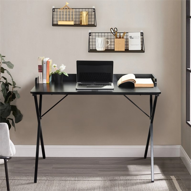 Pemberly Row Black Wood Writing Desk with Metal Frame Modern Design