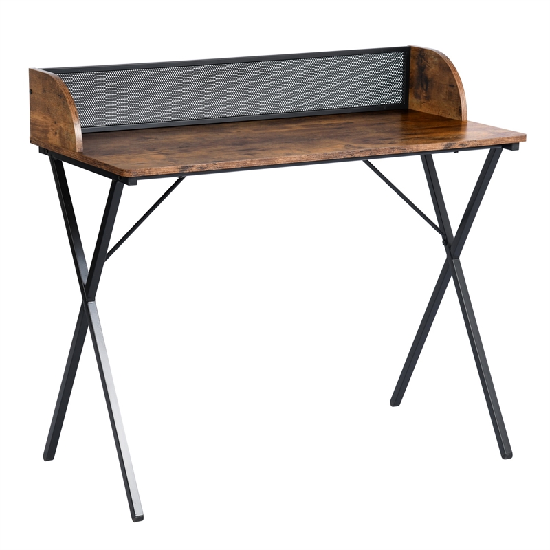 Pemberly Row Vintage Brown Writing Desk with Mesh Back Panel and Metal Frame