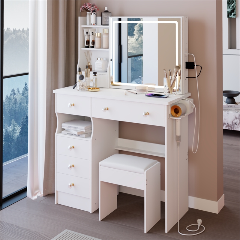 Pemberly Row Modern Vanity Desk with Mirror and Storage Shelves-White