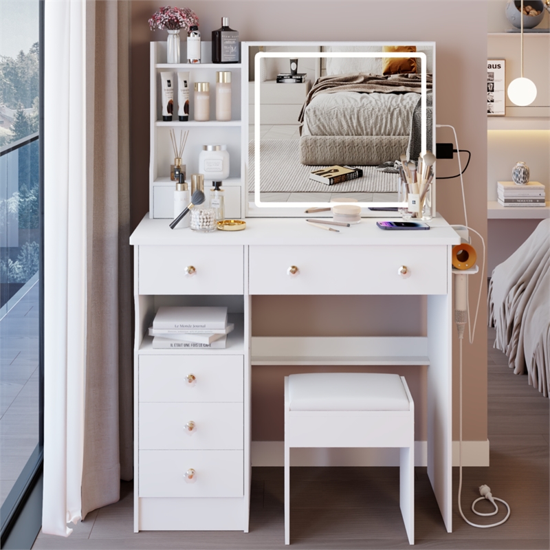 Pemberly Row Modern Vanity Desk with Mirror and Storage Shelves-White