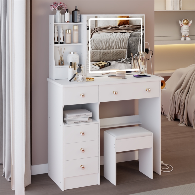 Pemberly Row Modern Vanity Desk with Mirror and Storage Shelves-White