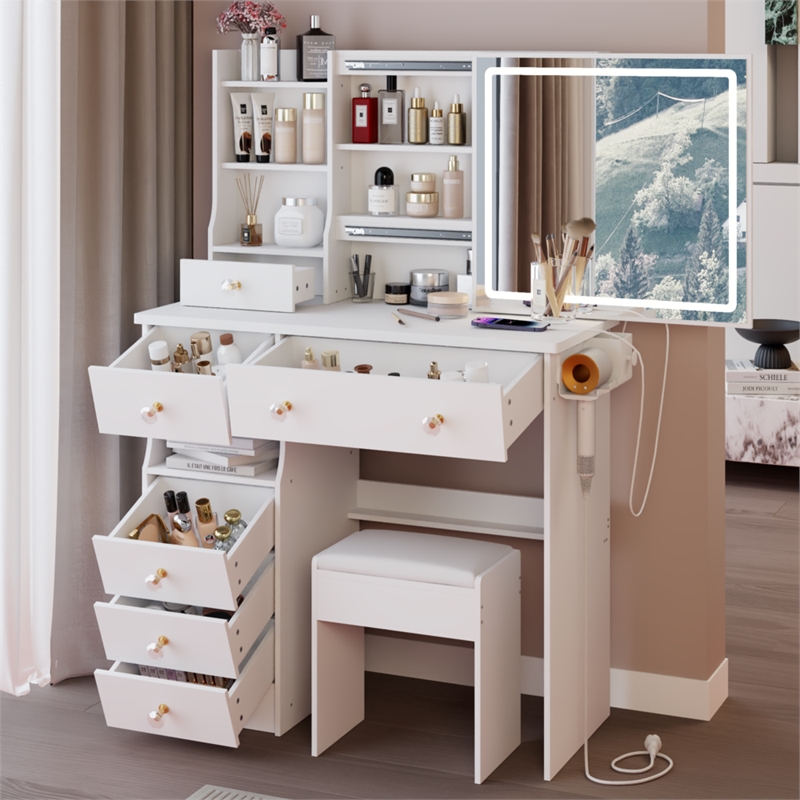 Pemberly Row Modern Vanity Desk with Mirror and Storage Shelves-White