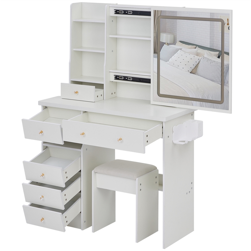 Pemberly Row Modern Vanity Desk with Mirror and Storage Shelves-White