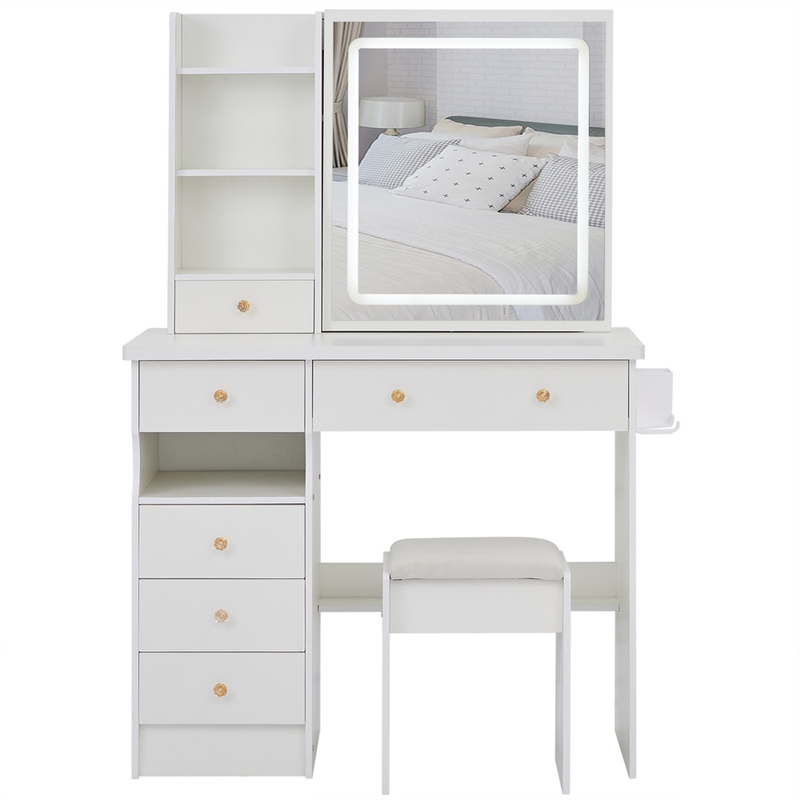 Pemberly Row Modern Vanity Desk with Mirror and Storage Shelves-White