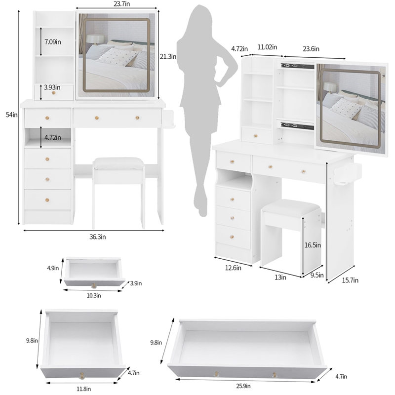 Pemberly Row Modern Vanity Desk with Mirror and Storage Shelves-White
