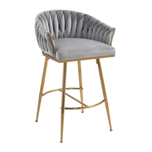 Pemberly Row Set of 2 Modern Velvet Bar Stools with Gold Frame-Gray