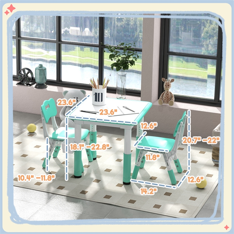 Pemberly Row Kids Activity Green Table and Chair Set Adjustable-Plastic