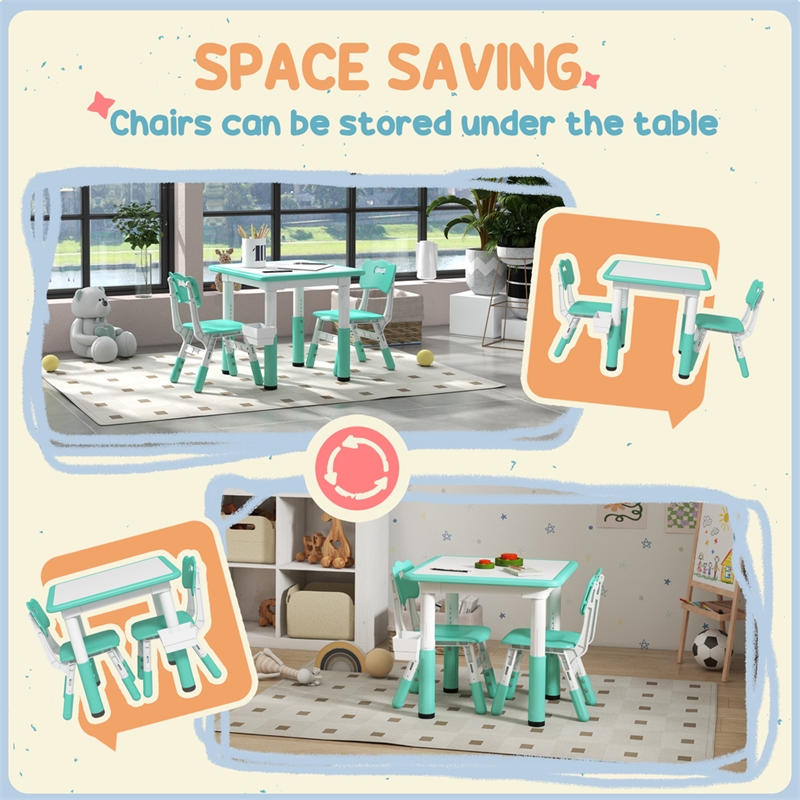 Pemberly Row Kids Activity Green Table and Chair Set Adjustable-Plastic