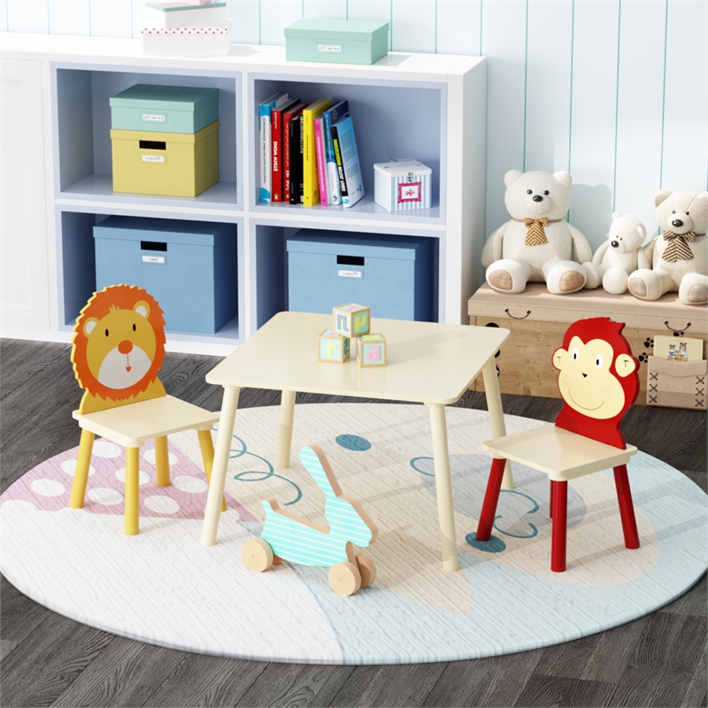 Pemberly Row Kids Animal-Themed Table and Chair Set with Lion Design-Natural